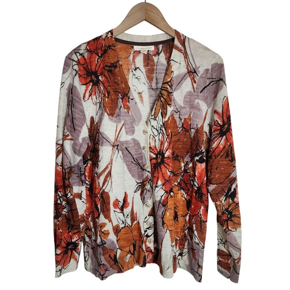 Coldwater Creek Sweaters - Coldwater Creek Cardigan Womens Large Orange‎ Floral Print V-Neck Button Up Knit